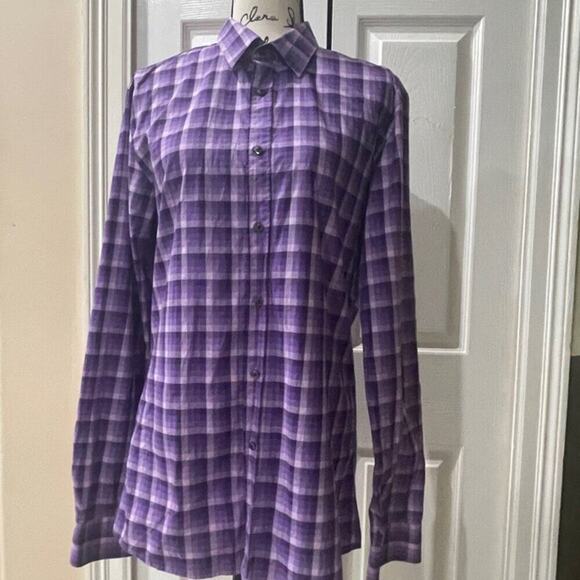 HUGO BOSS SLIM BUTTON UP LONG SLEEVE SHIRT PLAID PURPLE COLOR SIZE LARGE - Picture 10 of 16